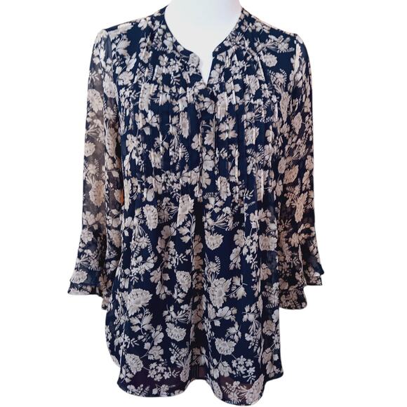 CHARTER CLUB Boho‎ Blouse Peasant Top S Flowy Pin Tucks Floral Cottagecore Blue - Picture 9 of 9